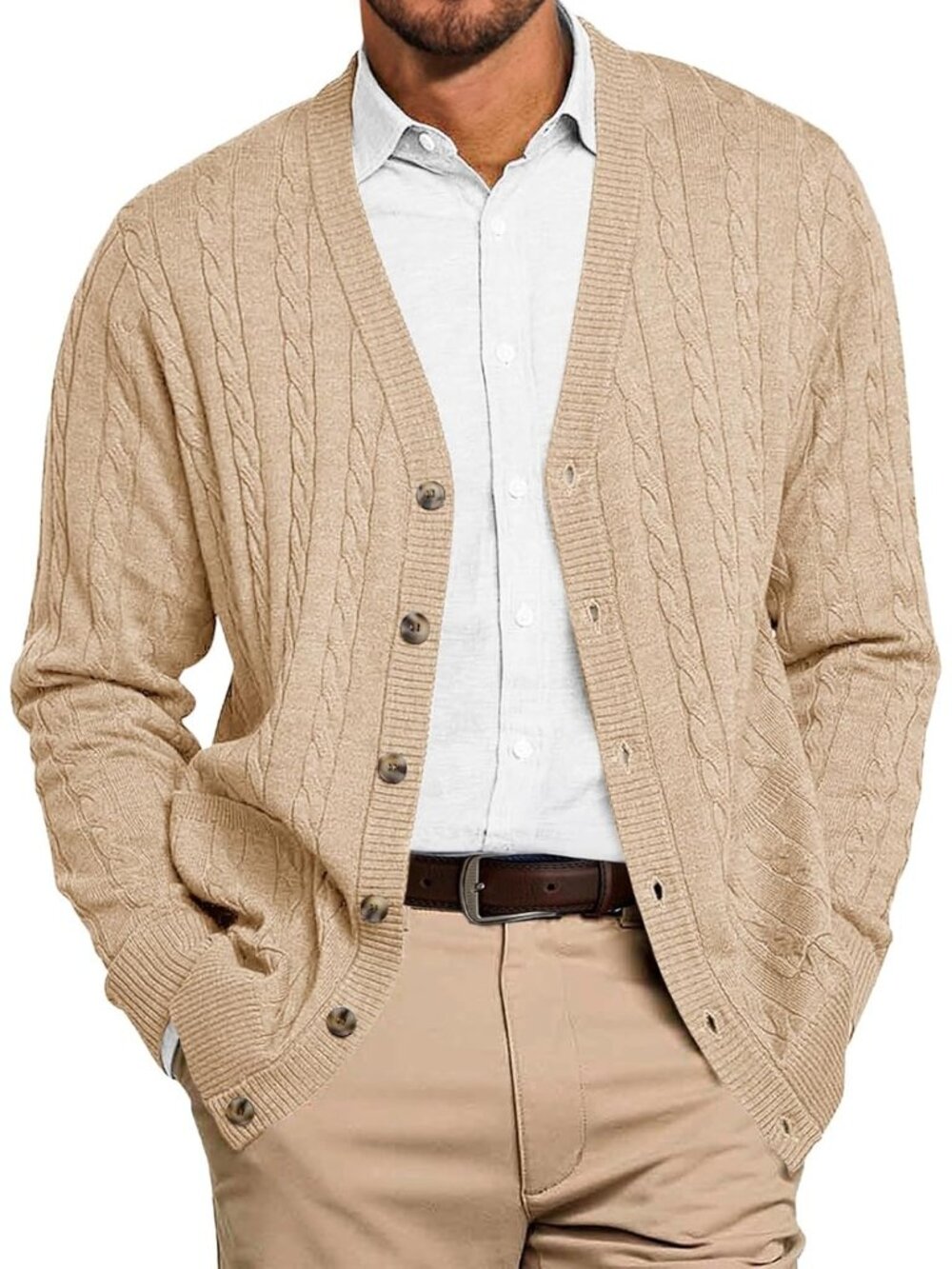 🆕Men's Khaki Chunky Knit Cardigan Sweater V Neck Button Up With Pockets
